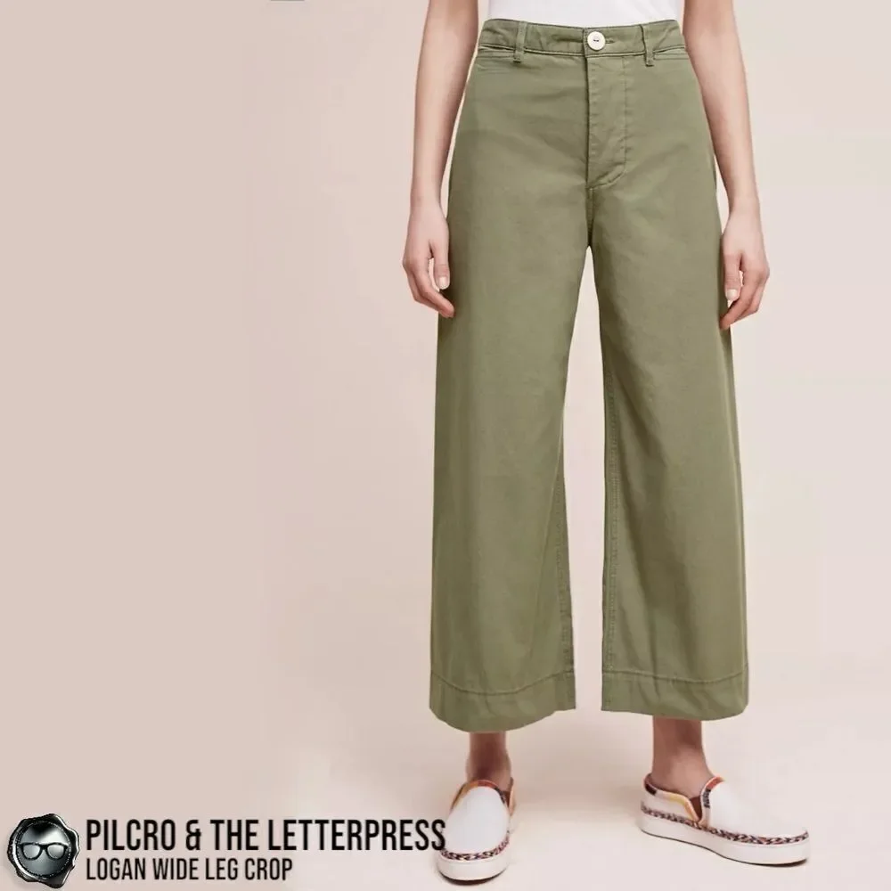 ANTHROPOLOGIE PILCRO & THE LETTERPRESS LOGAN WIDE LEG CROP PANTS IN OLIVE GREEN